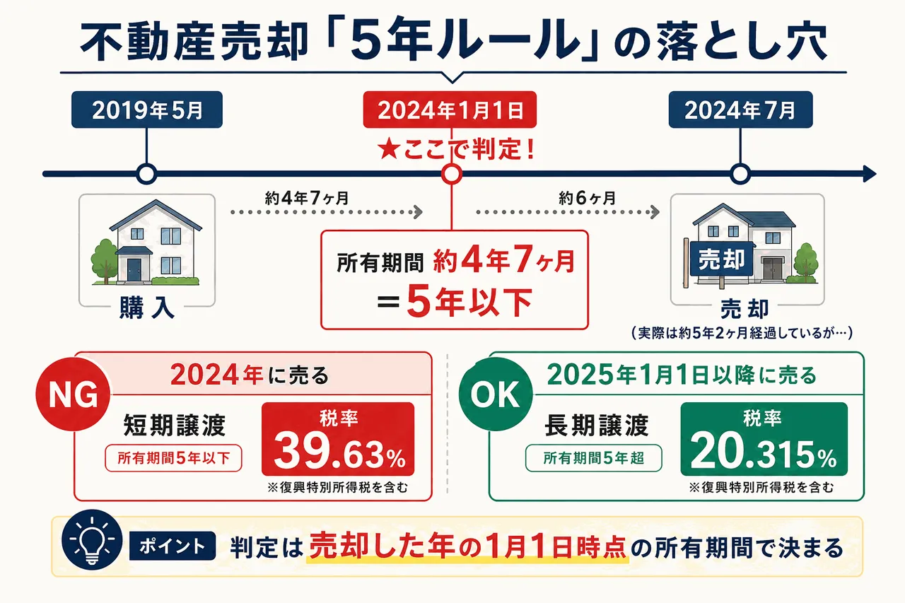 不動産売却「5年ルール」の落とし穴を時系列で解説した図解