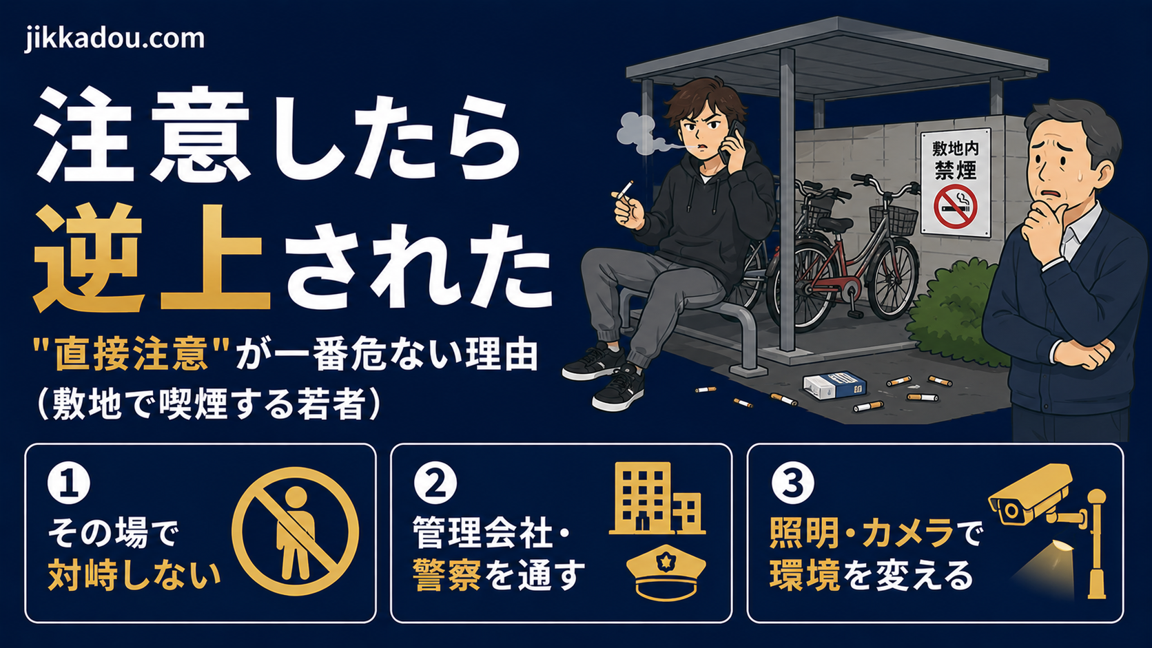 敷地で喫煙する若者を注意したら逆上された——大家が学んだ「直接注意してはいけない」理由と安全な対処法