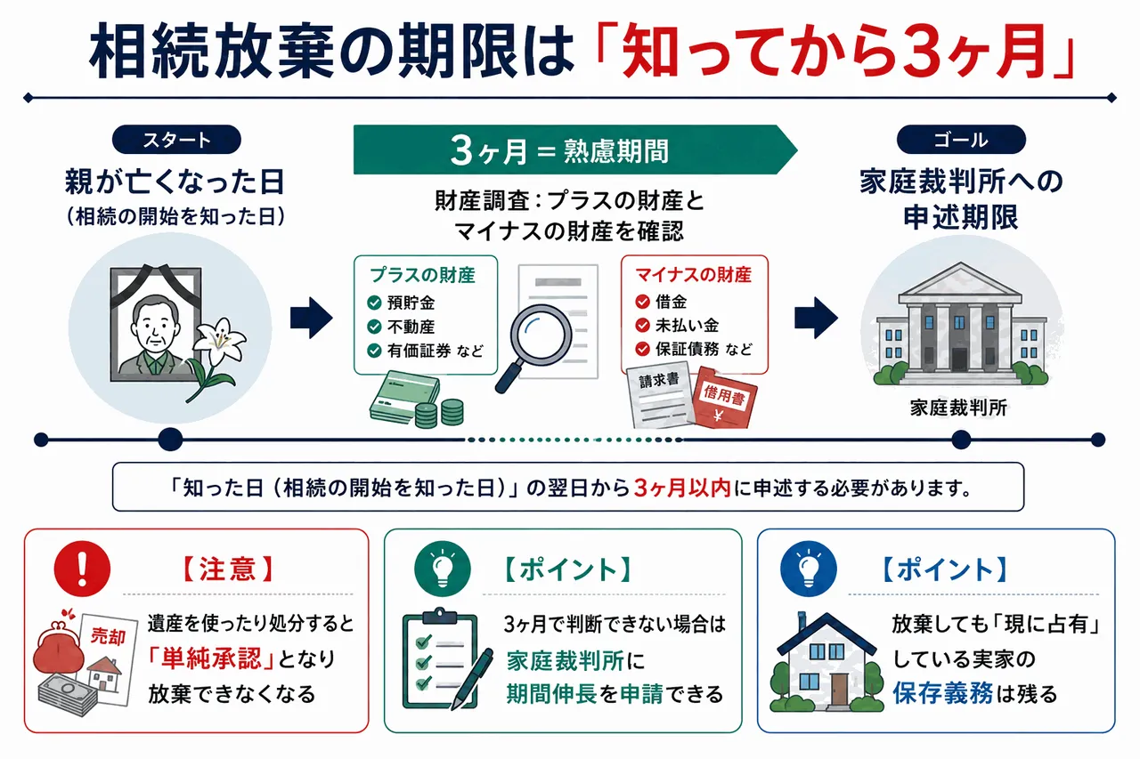 相続放棄の期限は知ってから3ヶ月——熟慮期間と家庭裁判所への申述の流れを示すタイムライン図解